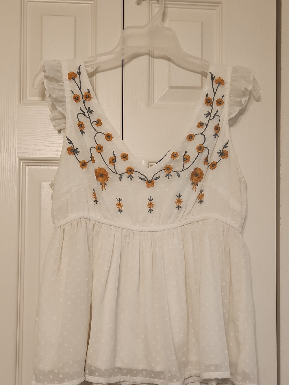 Blue Rain - White Floral Embroidered Y2K Style Babydoll Lined Top Flutter Sleeve